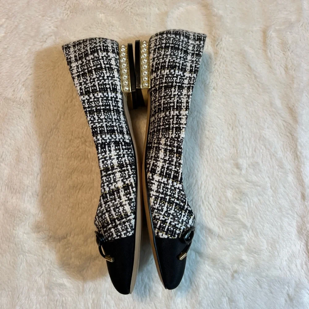 Karl Lagerfeld Black and White Pearl And Tweed Bow Ballet Flats - Picture 5 of 9